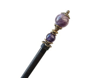 Wooden hair stick with purple amethyst gemstone beads - long japanese hair pin, hairpin kanzashi, hair ornament, chopstick - gemstone
