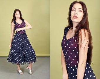 70s Polka Dot Dress Vintage Dark Blue Dotted Swing Dress