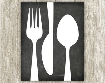 Chalkboard Kitchen Wall Art, Fork Knife Spoon Wall Art, Modern Kitchen Decor, Black White Kitchen Poster Sign 8x10 16x20 Instant Download