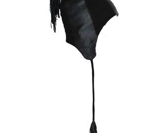 LEATHER BEANIE - Handmade Leather Cap - Black Lambskin - Leather Tassels - Winter Headwear - Ski Cap - Designer Jan Hilmer