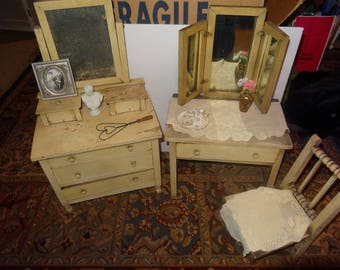 Reduced by 20 dollars: Set of Antique Doll Furniture, Dresser, Dressing Table & Chair - Final Reduction from 189 to 100