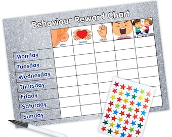 Re-usable Behaviour Reward Chart (including FREE Stickers and Pen) - Silver Glitter Design