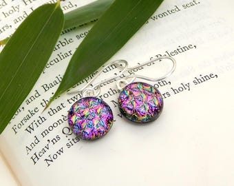 Pink and Turquoise Dichroic Glass Drop Earrings on 925 Sterling Silver Earwires, Fused Glass Jewellery, Small Round Glass Dangle Earrings