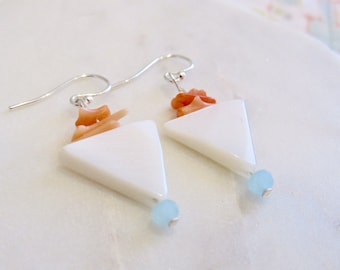minimalist earrings, mother of pearl earrings, coral earrings, gemstone earrings, white earrings