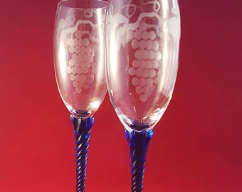 SALE...Etched Flutes with Blue Twisted Stem S/2