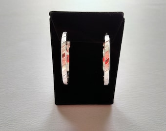 Large Sterling Silver Hoop Earrings Textured Polished Raised Design