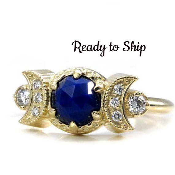 Ready to Ship Size 6 - 8 Lapis Lazuli Engagement Ring with Diamond Crescent Moons - Bohemian Moon Phase Gold Ring