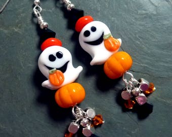 Happy Ghosts & Pumpkins Earrings, Halloween Earrings, Handmade Lampwork