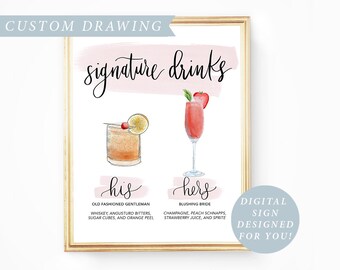 His Hers Drink, Digital Signature Drinks Sign Printable, Signature Drink Sign Wedding Signature Cocktail Sign Wedding Drink Sign Watercolor