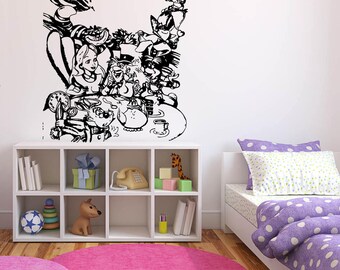 Wall Sticker Decals Alice In Wonderland Cartoon Rabbit Tea Time Cheshire Cat Girl Nursery Bedroom 1345b