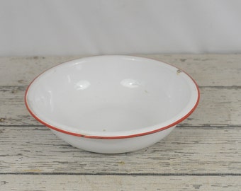 Vintage Enamelware Bowl White and Red Round Bowl Basin Graniteware