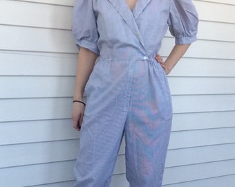 80s White Striped Jumpsuit Retro Cotton XS S Vintage