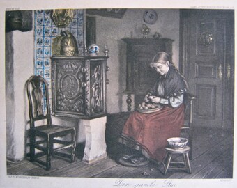 Scandinavian Print, 1911, Den Gamle Stue (The Old Stove), Handcoloured, Antique, Norwegian label on back