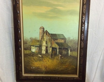 R. Brant Original Vintage Oil Painting Rustic Barn Farm House In Fall- Nice Wood Frame