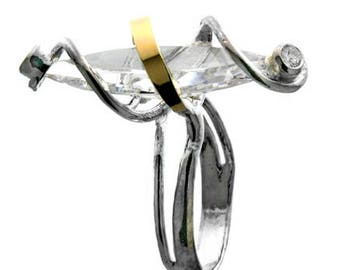 Silver and Gold ring, White CZ Ring, Womens silver ring, Unique silver ring, handmade