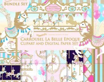 Carousel, Merry Go Round, Flat Gold, Carousel Digital, Paris, Carrousel La Belle Epoque Clip Art + Digital Paper Set - Instant Download