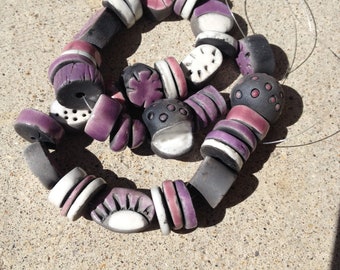 raku beads, kiln fired clay, purple,white,dark pink primitive beads