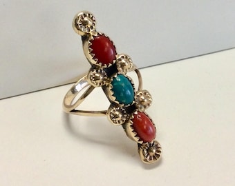 14k Zuni Design Vintage Turquoise and Coral Ring