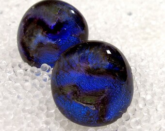Dark Blue Stud Earrings | Midnight Blue Studs | Navy Blue Dichroic Glass Posts | Nickle Free | Hypoallergenic Posts 15mm