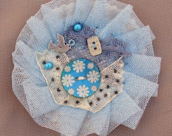 Blue sky and Dove lace tulle brooch