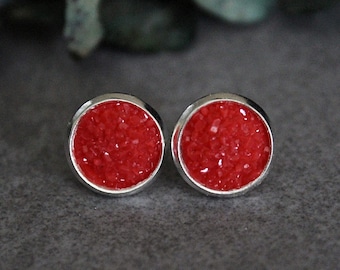 Red Stud Earrings, Red Earrings, Red Druzy Earrings, Red Post Earrings, Red Bridesmaid Earrings, Bridesmaid Gift, Gift for Her, Red Studs