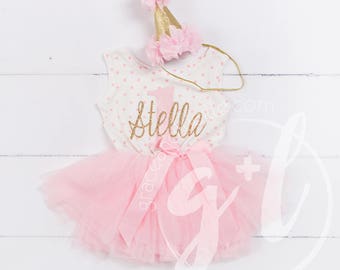 First Birthday outfit, First Birthday Dress, Pink and gold birthday, 1st birthday dress, polka dot, "1" with monogrammed name