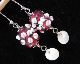 Vintage Earrings, Lampwork, Glass, Hand Made, Pink, Silver, White, Hand Wired, Jennifer Jones, Upcycled, Pierced, OOAK - Flower Girl