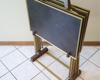 Vintage Lavada TV Trays with Stand Mid Century Faux Wood Folding Tray Tables Luncheon TV Trays Folding Coffee Table End Table