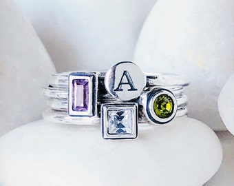 Stack Rings, Personalized Mother's Ring, Sterling Silver Stackable Mothers Birthstone Rings and Initials.Design your own Custom Family Ring!