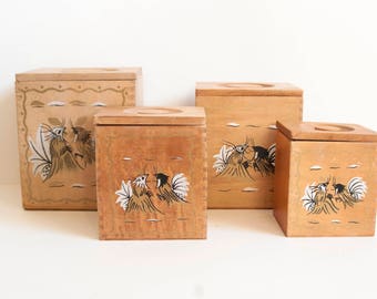 Vintage Wood Rooster Kitchen Canisters, Black and Gold Chicken Print Canister Set for Flour Sugar Tea Coffee, MCM Kitchen