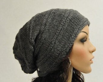Hand knit slouchy hat charcoal grey Wool Hat - ready to ship