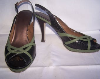 Black and green sandal heels, Size 10