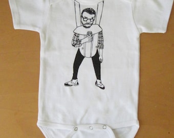 Angry hipster in baby carrier