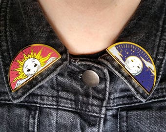 Sun and Moon - Hard Enamel Lapel Pin Cloisonné Badge - Gold, White, Blue, Red, Yellow