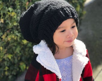 Black slouchy beanie, black beanie, handmade beanie, slouchy beanie, kids beanie, black slouchy hat, knit beanie, handmade beanie