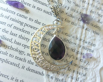 Amethyst moon silver pendant gothic witch esoteric wicca pagan boho elvish gemstone