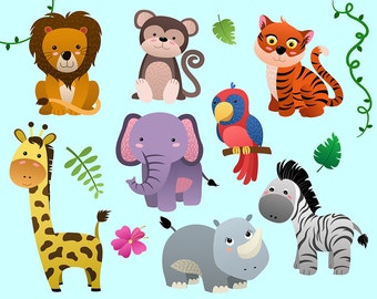 Cute Jungle Animals Clip Art - Set of 14 PNG, JPG, and Vector Files - Design Elements, Digital Clipart Download, Kid's Decorations