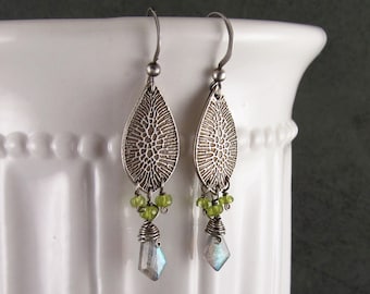 Fine silver earrings with labradorite and vesuvianite, handmade recycled silver jewelry-OOAK