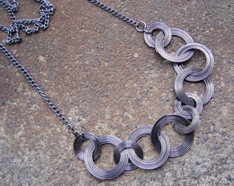 Eco-Friendly Statement Necklace - Direct Connections - Recycled Vintage Dark Silvertone Chain with Linked Gunmetal Wire Coils in Two Sizes