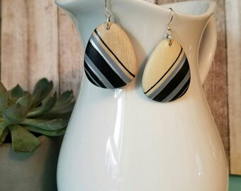 Ooak Hand painted natural wood dangle tear drop earrings modern boho