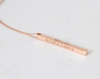 Personalized 3D Bar Necklace - Dainty 4 Sided Vertical Bar Necklace - Engraved Necklace - Mother's Gift - Christmas Gifts