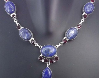 Lapis Lazuli Necklace, Garnet Necklace, Silver Necklace, Lapis Garnet Necklace, Jaipur Jewelry, Statement Necklace, Every day necklace