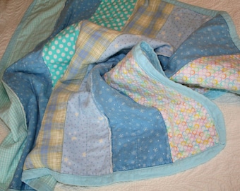Recycled Flannel Baby Blanket Quilt Blue