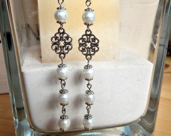 Earrings long white pearl beads