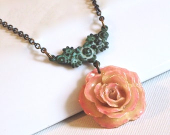 Real Rose Necklace - Cream and Pink Rose, Flower Jewelry, Natural Preserved, Nature Jewelry, Botanical Jewelry