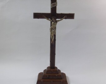 vintage standing crucifix, hand carved wooden cross