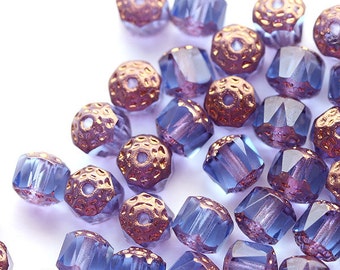 6mm Blue Purple Blue Cathedral beads, czech glass golden ends, round fire polished beads - 20Pc - 1061
