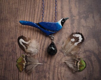 Beautiful jay enameled copper pendant, blue bird nature inspired pendant, elegant, statement necklace, gift for her