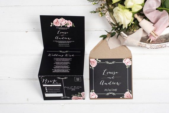 Rustic Wedding Invitation - Double-Folded Chalkboard Floral Framed (portrait)