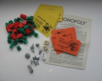 Vintage Monopoly Pieces//8 Metal Game Pieces//Includes Retired Pieces/Cards/Dice/ Houses/Art Craft Supply/Jewelry Making Supply/Collectible